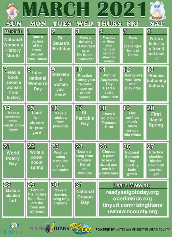 Daily Activity Calendar Oberlin Kids